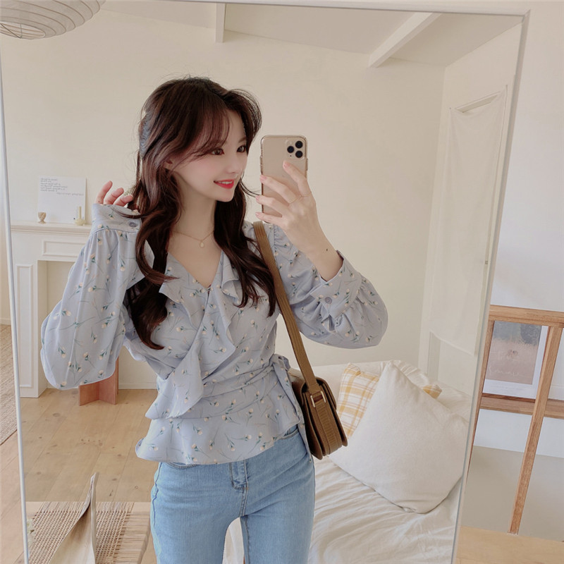 Ruffles Floral Blusas Spring Summer V Neck Vintage Chiffon Blouses Elegant Print Koreean Chic Tops 16139 210415