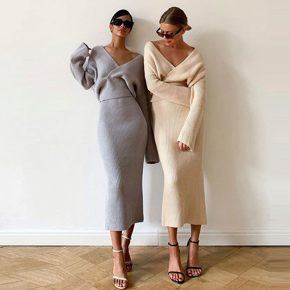 Free Sexy V-Neck Sweater & Skirt Knitted Two Piece Set Women Split Wrapped Cropped Top Autumn Suits 210524