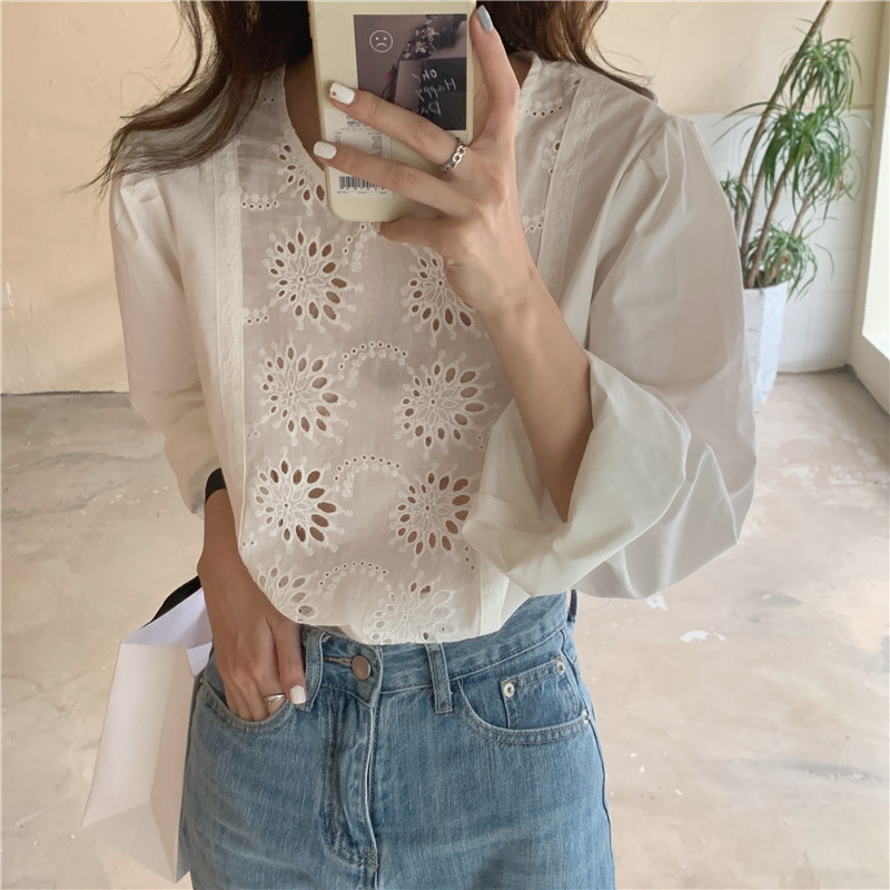 spring autumn women's White blouse Korean Chic style O neck Hollow Out shirt women outwear Long sleeve tops (G9225 210423