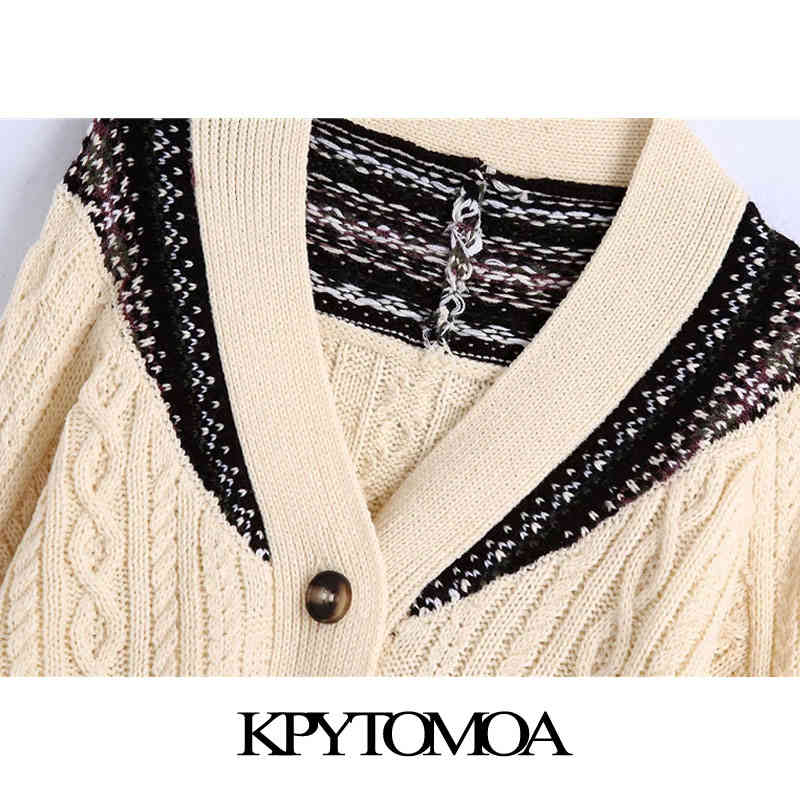 Women Fashion Oversized Jacquard Cable-knit Sweater V Neck Long Sleeve Female Pullovers Chic Tops 210420