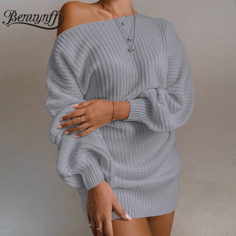 Women Autumn winter Off Shoulder Knitted Sweater Dresses Oversized Lantern Sleeve Casual Solid Dress 210510