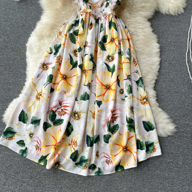 DEAT Women Printing Pleated Midi-long Dress Square Collar Short Sleeve Temperament Fashion Spring Summer 11D609 210709