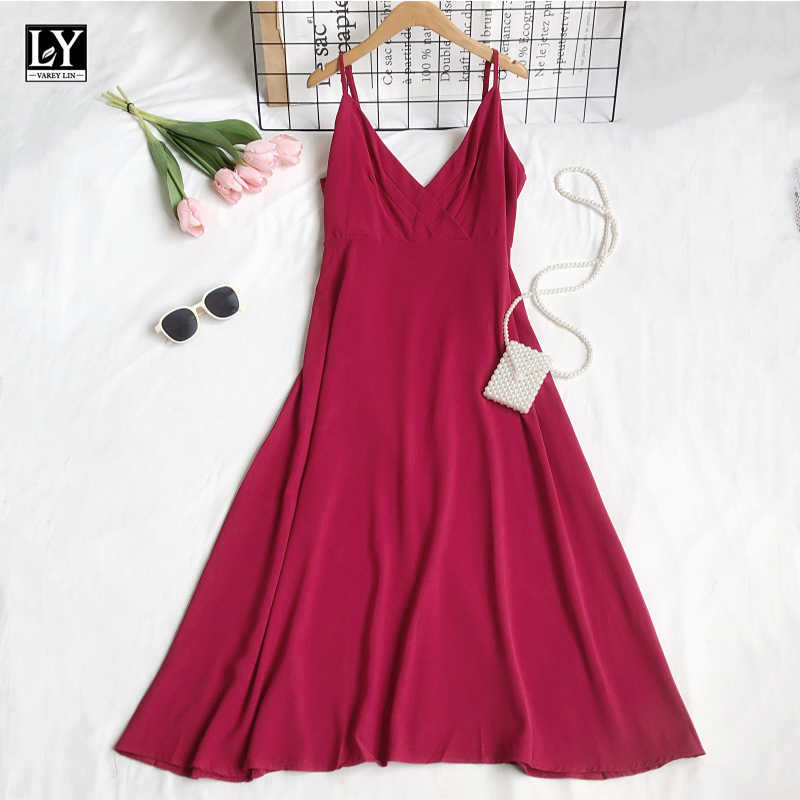 LY VAREY LIN Summer Women Sexy Slim Solid Color High Waist A-line Suspender Dress Casual V-neck Sleeveless 210526