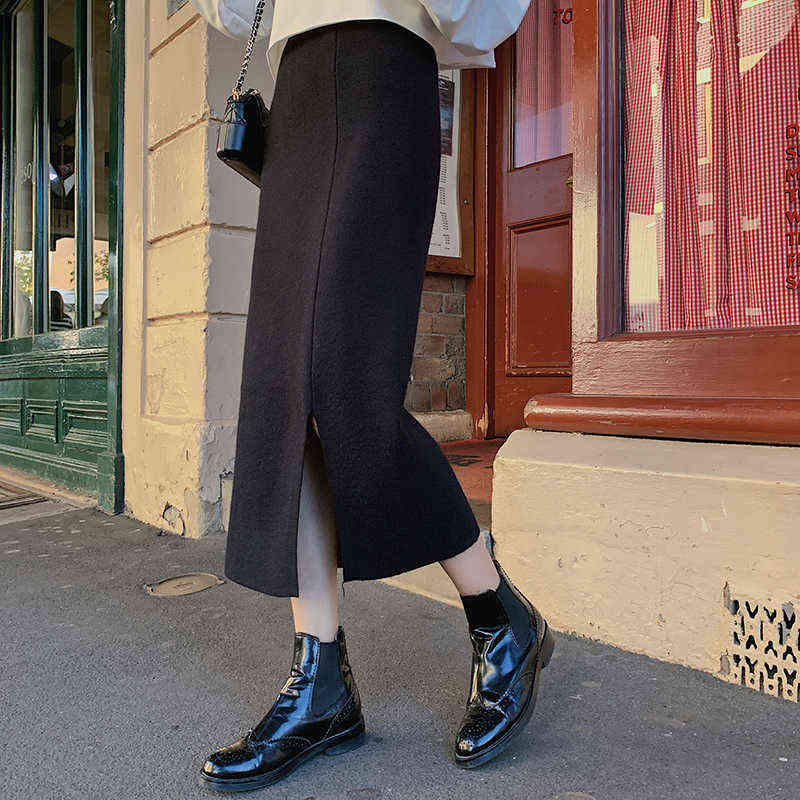 High Elastic Waist Women Long Skirt Knitted Pencil Skirt Wool Autumn Split Skirts Female Black Winter Solid Knitting One-step 211119