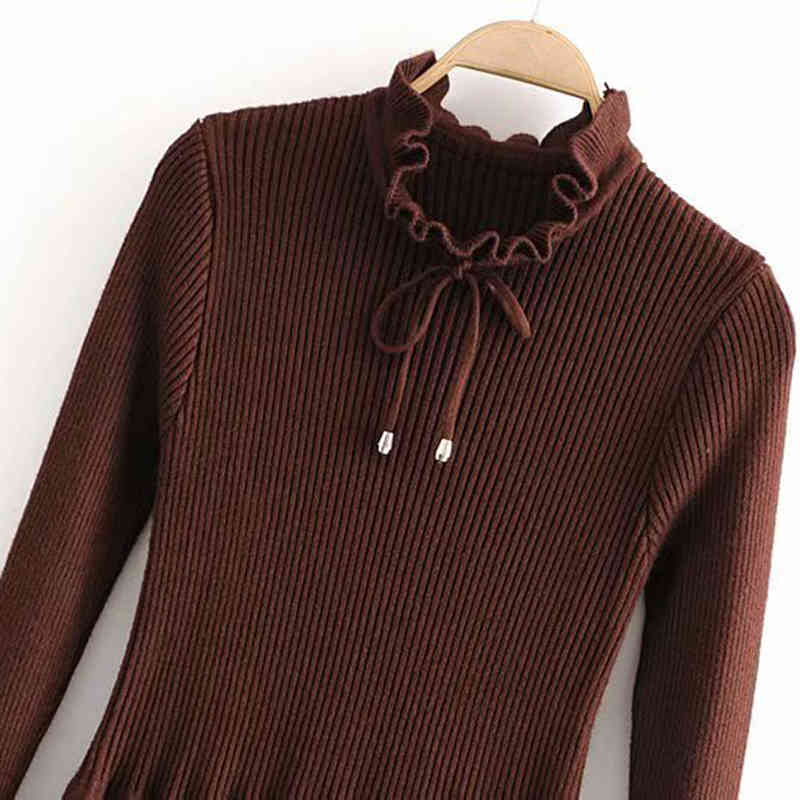 Elegant Ruffle Long Sleeve Knitted Sweater Dress Women Solid A Line Bow Pleated Dress Autumn Winter Casual Dresses For Ladies 210414