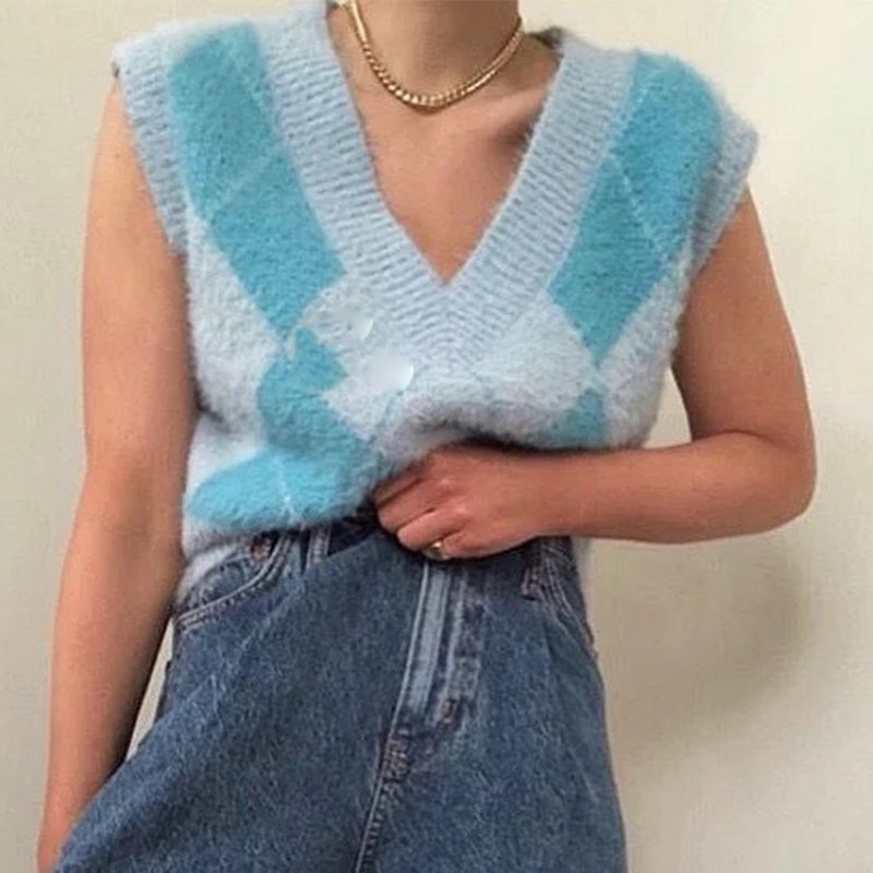 Foridol vintage fluffy argyle pullovers women two way wear blue knitted sweater vest fuzzy casual v neck sweater jumpers winter 210415