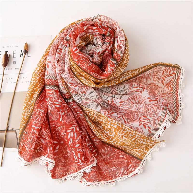 spring and summer womens cotton and linen scarf sequined cashew flower lace ethnic style literary forest female shawl