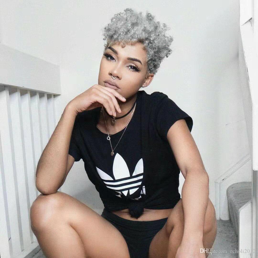 Short silver grey women ponytail hairpiece gray hair pony tail toupee kinky afro hair piece human extension 100g 80g 10inch