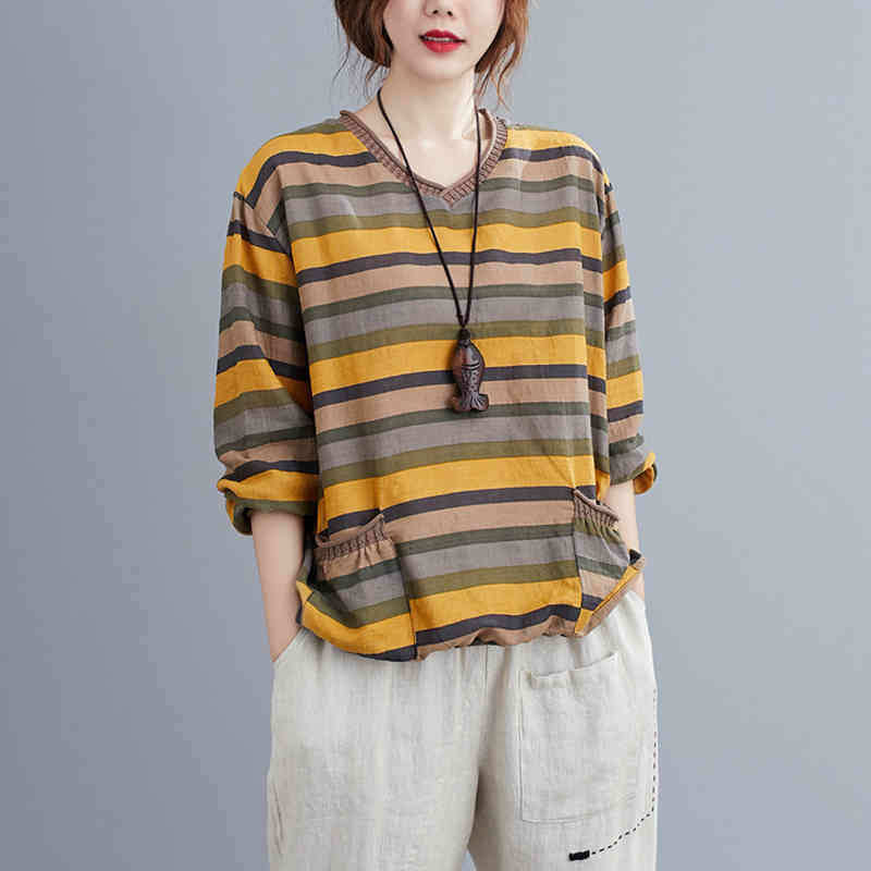 Johnature Casual Striped Women T-Shirts Spring V-neck Full Sleeve Loose All-match Pockets Tops 210521, Yellow
Johnature Casual Striped Women T-Shirts Spring V-neck Full Sleeve Loose All-match Pockets Tops 210521, Yellow
