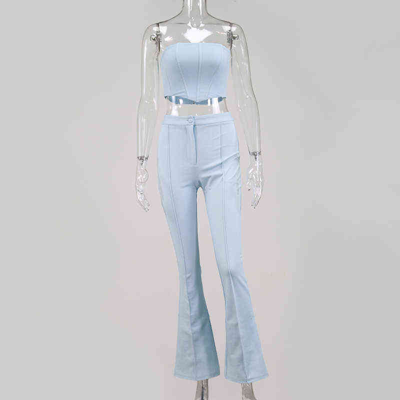 Asia Elegant Flars Pants Set Women Boning Bustier High Waist Long Two Piece Summer Sexy Party Wear Crop Top Suits 211105