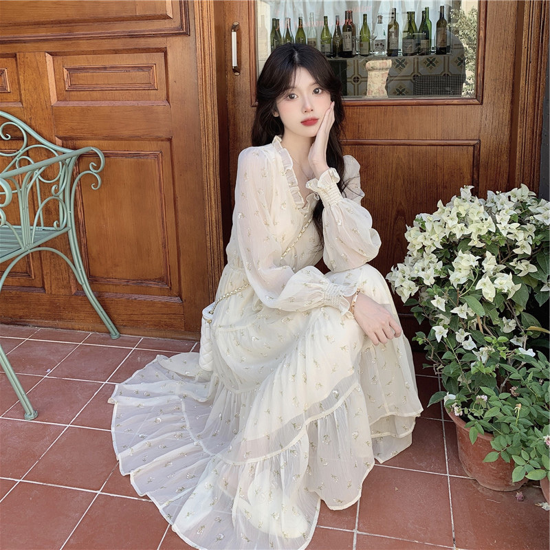 Spring Women's Chiffon Print V-Neck Long Dresses Female Chic High Waist Casual Holiday Vestidos femme 210519