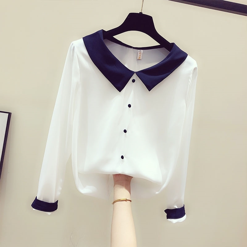 Spring Korea Fashion Women Long Sleeve Chiffon Shirt Preppy Style Peter Pan Collar Patchwork Loose Shirts Female Blouses D185 210512