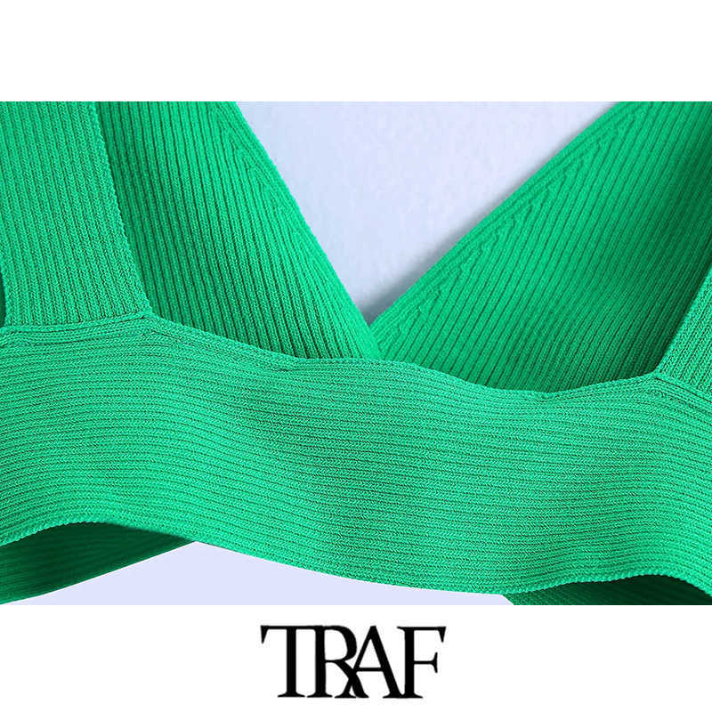 TRAF Women Fashion Ribbed Knit Crop Tank Tops Vintage V Neck Wide Straps Female Camis Mujer 210625