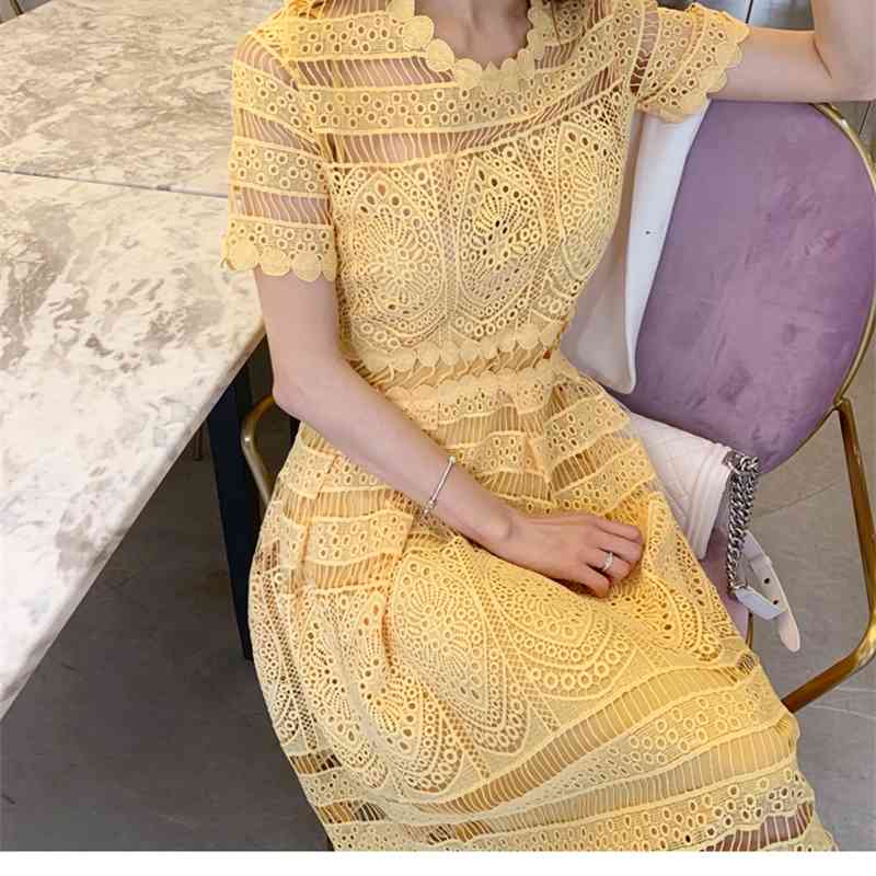 Fashion Summer Hollow Out Lace Dress Women Short sleeve Holidays Big Swing Long es Casual Sweet yellow Vestidos 210520