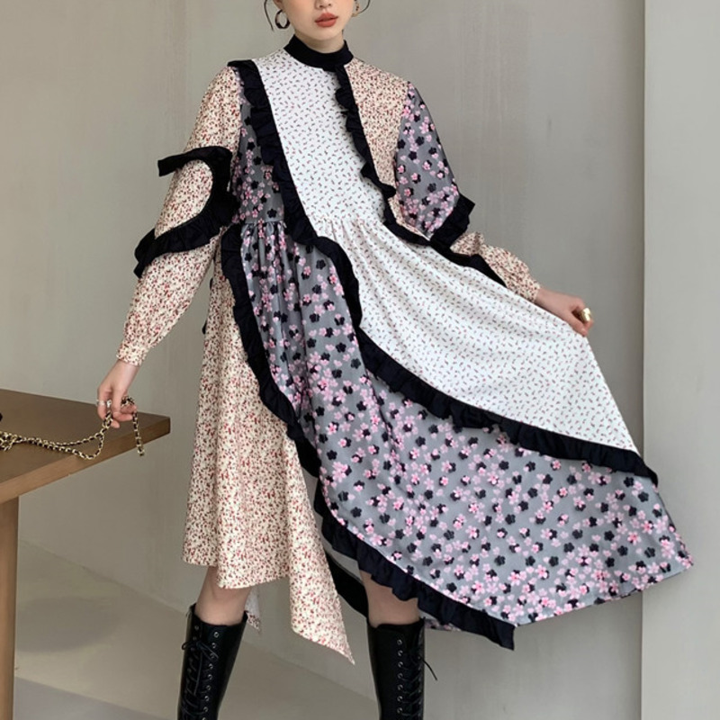 LANMREM New Spring Autumn Dress Women Long Sleeve Plus Size Patchwork Printed Flower Dresses Ladies Party Clothes 2A3301 210409