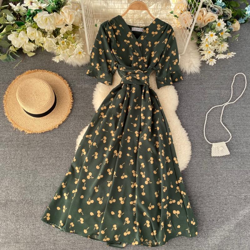 OCEANLOVE Print Elegant A-line Vestidos V Neck High Waist Fashion Korean Vintage Dresses Short Sleeve Summer Dress Women 14558 210409