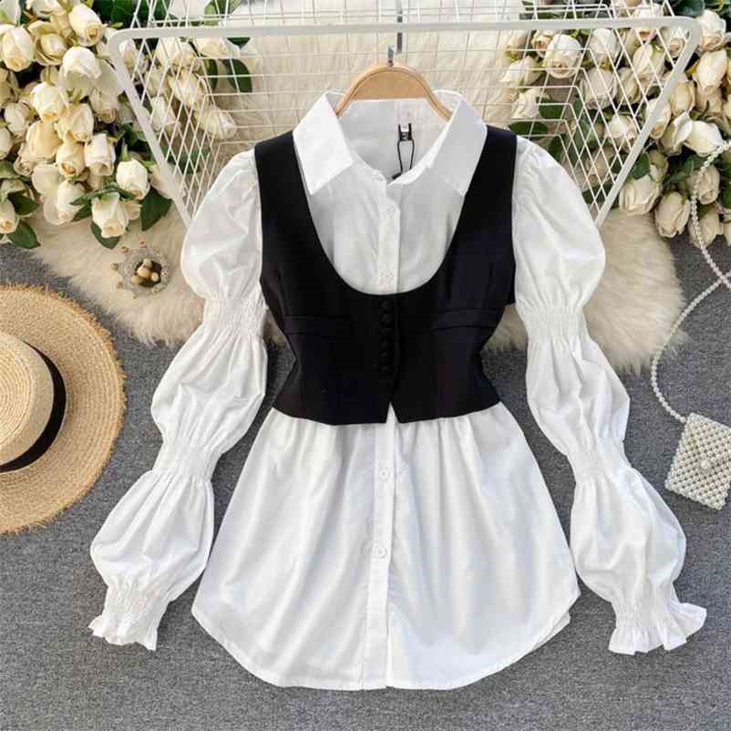Women Long Puff Sleeve Shirt With Black Slim Single Breasted Vest Solid Color Fashion Spring Summer 11B147 210525, White
Women Long Puff Sleeve Shirt With Black Slim Single Breasted Vest Solid Color Fashion Spring Summer 11B147 210525, White