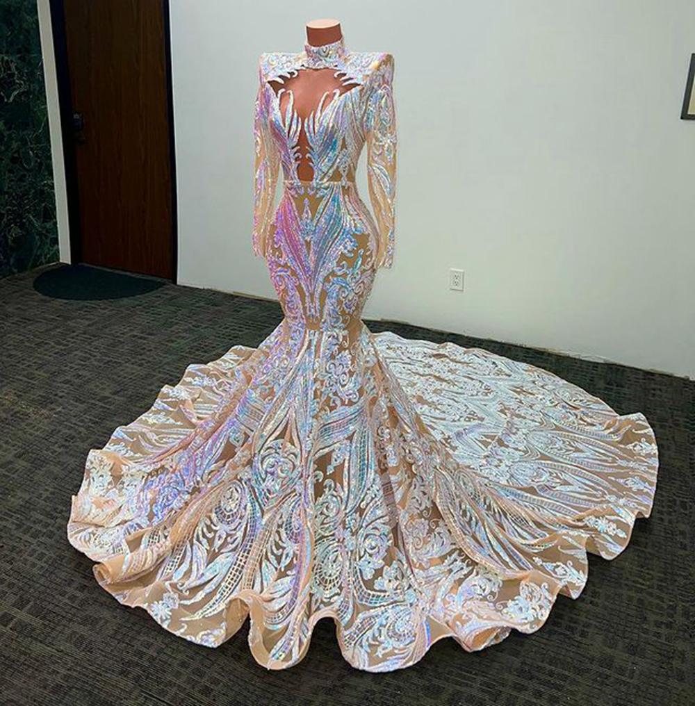 Sparkly Mermaid Modest Evening Gown Long Sleeves African Sequins Applique High Neck robe de bal blanche Fishtail Sweep Train Prom Dresses