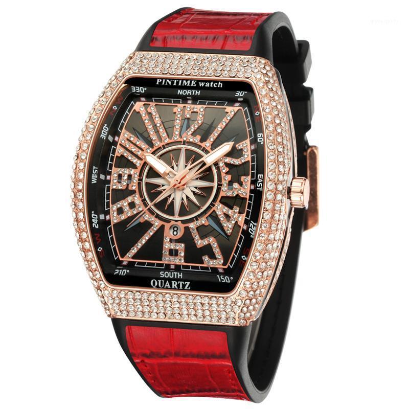 Big Dial Gold Watch Men Diamond Hip Hop Mens Watches Top Military Sport Man Clock Relogio Masculino Zegarek Meski Wristwatches, Rose red