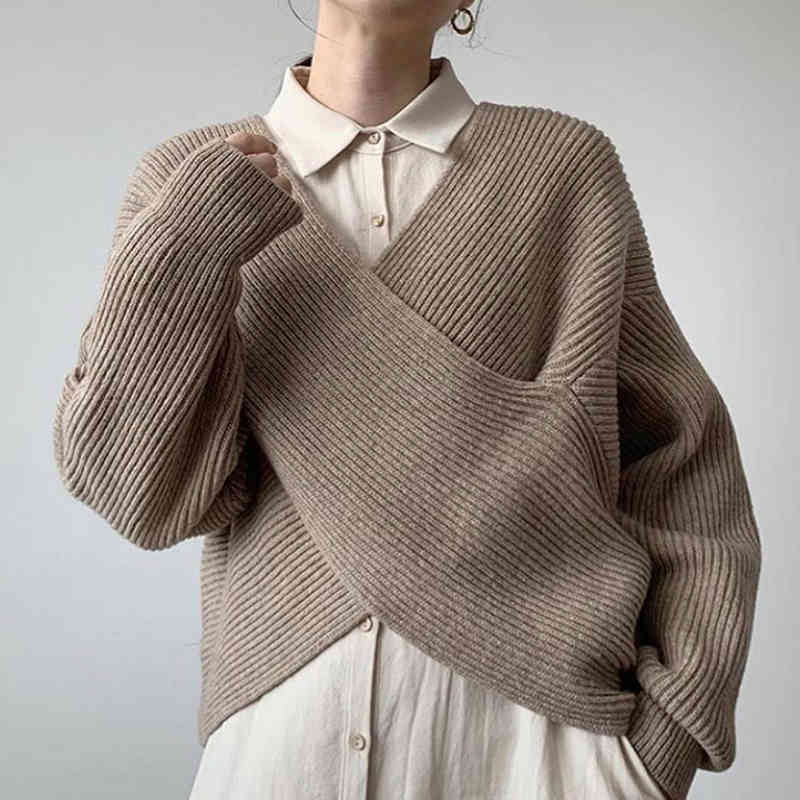 Autumn Winter Solid Casual Women Knitted Sweater Lady V-neck Criss-cross Pollovers Female Korean Chic Long Sleeve Jumper 210519