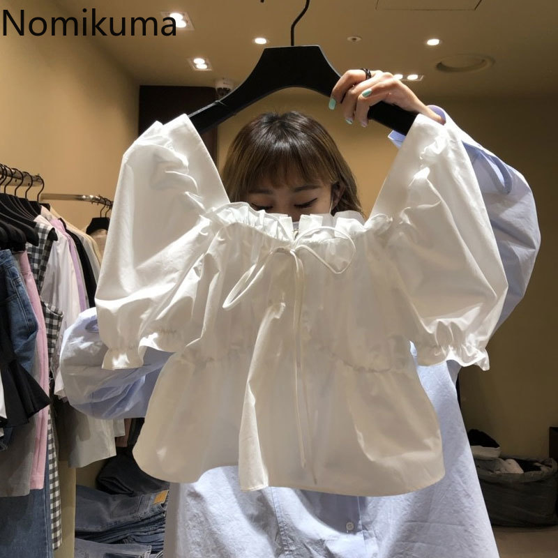 Nomikuma Sweet Short Blouse Shirt Bow Tie Square Collar Puff Sleeve Womens Tops Summer New Sweet Ruffle Blusas Femme 6H182 210427