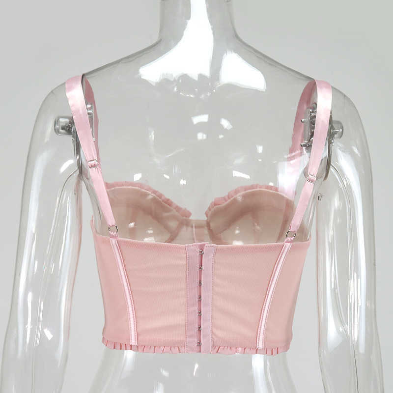 Asia Underwire Mesh Corset Women Sexy Boned Push Up Padded Crop Tops Summer Ruffles Back Single-Breasted Bustier Pink 210625