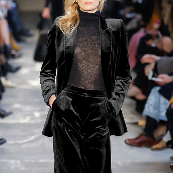 High Quality Runway Women Pants Set Fall Winter Velvet Black Blazers And Office Ladies Wide Leg Overalls Trousers Suit 210519