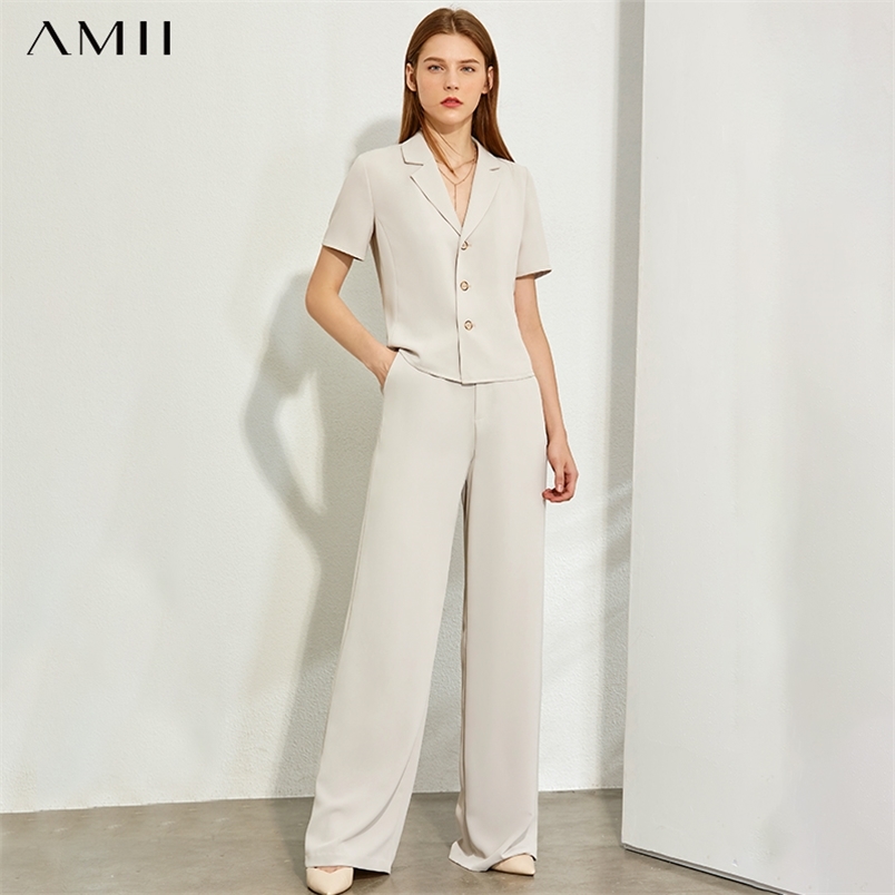 Minimalism Spring Summer Solid Lapel Slim Olstyle Shirt Caual High Waist Loose Pants 12070243 210527