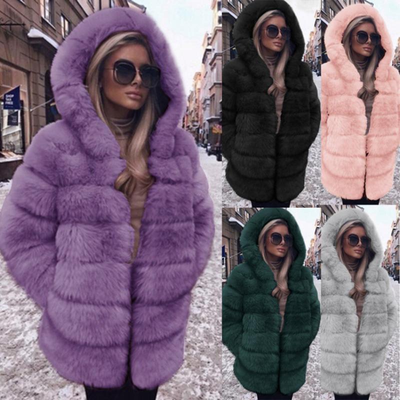 Winter Thick Warm Faux Fur Coat Women Plus Size Hooded Long Sleeve Jacket Luxury Bontjas Furry Womens Women's &