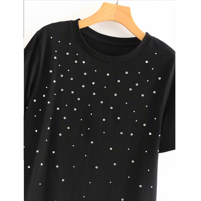 Beaded Rivet Short Sleeve Round Neck Casual Fashion Women's T-shirt Korean Version of The Wild Chic Simplicity Female Tops 210507
