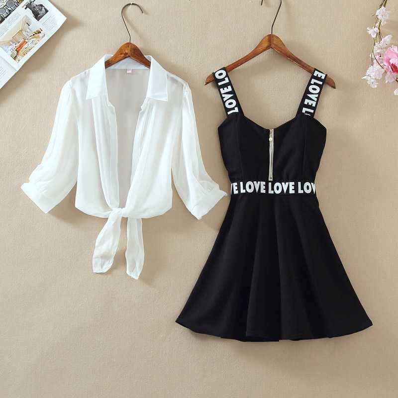 Fashion Women Lantern Sleeve Turn Down Chiffon Shirt Top + Mini Short A Line Letter Spaghetti Strap Dress Two Pieces Sets 210708
