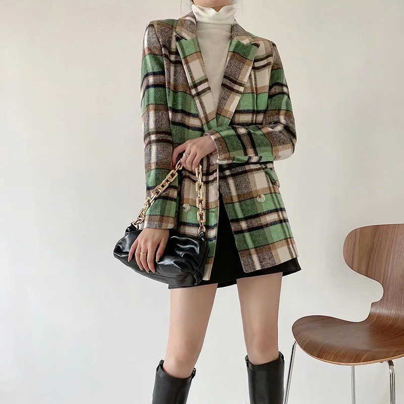 XITIMEAO Women Casual Blazer Jacket Office Lady Pockets Plaid Suit Coat Single Breasted Thickening Ladies Business Blazers 210602
