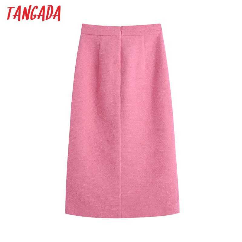 Tangada French Style Women Buttons Front Slit Pink Tweed Midi Skirt Vintage High Waist Zipper Female Skirts Mujer BE520 210621