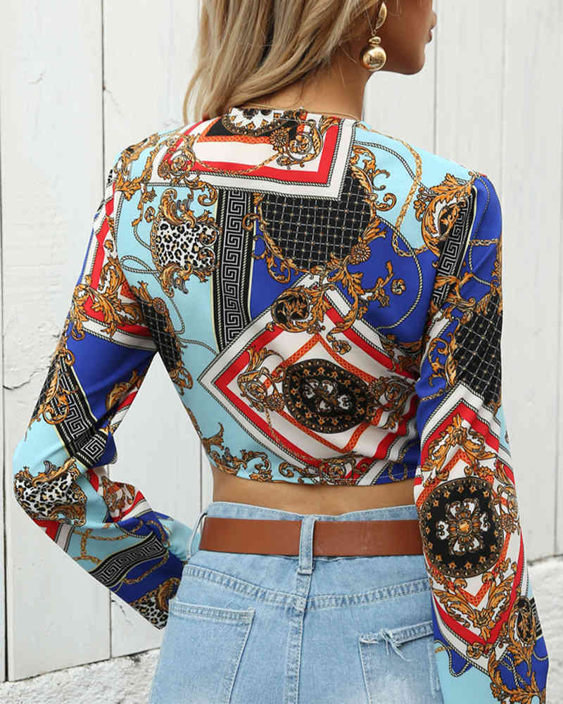 Spring Summer Women's Vintage Printed Bandage Cropped Top New Femme Sexy Long Sleeve Short Blouse Ladies V-Neck Shirt 210415