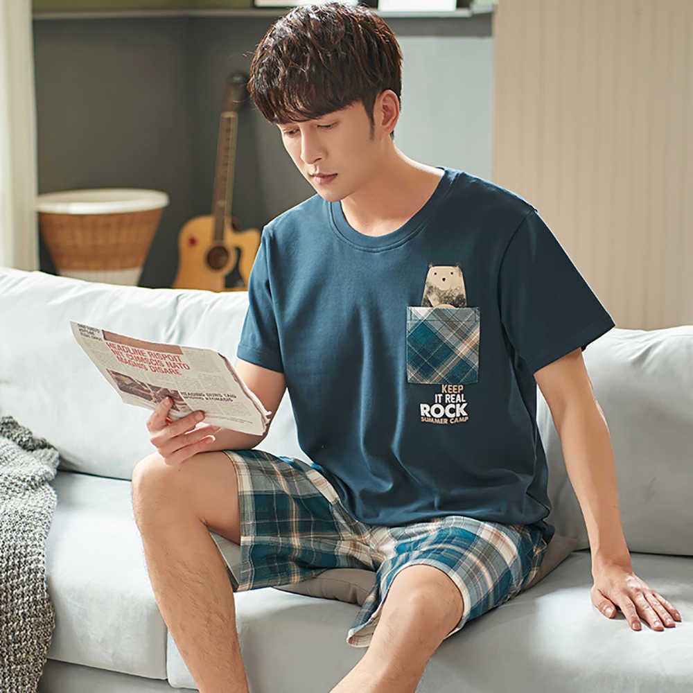 Summer Men Cotton Pajama Casual Short Sleeve Pajamas Set With Pocket Male Plaid Shorts Thin Sleepwear Suit Plus Size Nightwear 210812