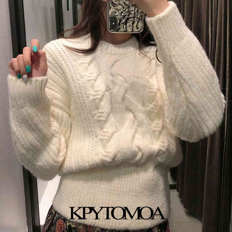 Women Fashion With Ribbed Trims Cable-Knit Sweater O Neck Long Sleeve Female Pullovers Chic Tops 210420