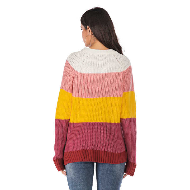 Winter Clothes Women Loose Casual Knitted Pullover Long Sleeve Striped Patchwork Sweater Girl Green Warm Crew-Neck 210604