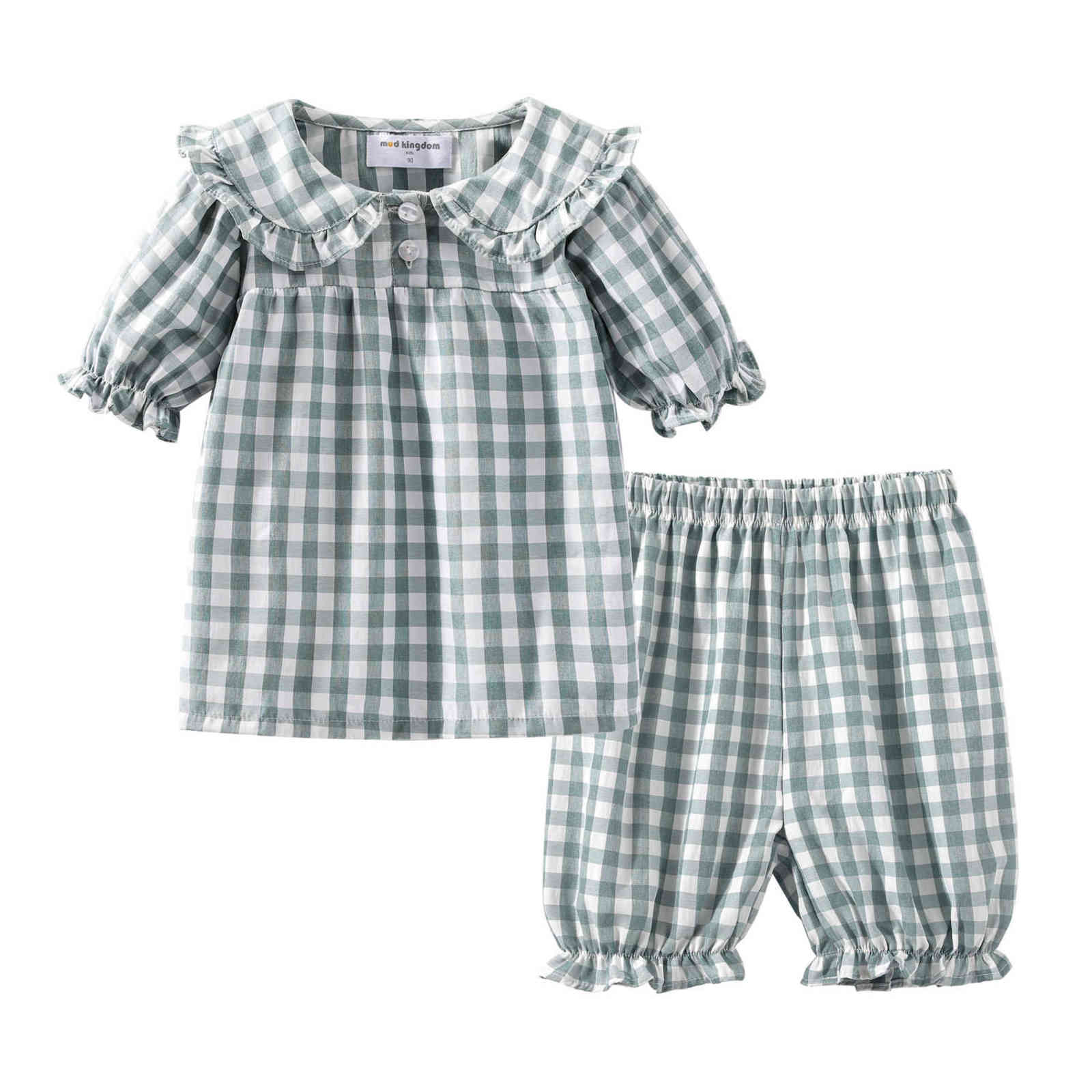 Mudkingdom Summer Pajamas for Girls Plaid PJS Cute Jammies Set Big Girl Peter Pan Collar Toddler Homewear Kids Sleepwear 211130