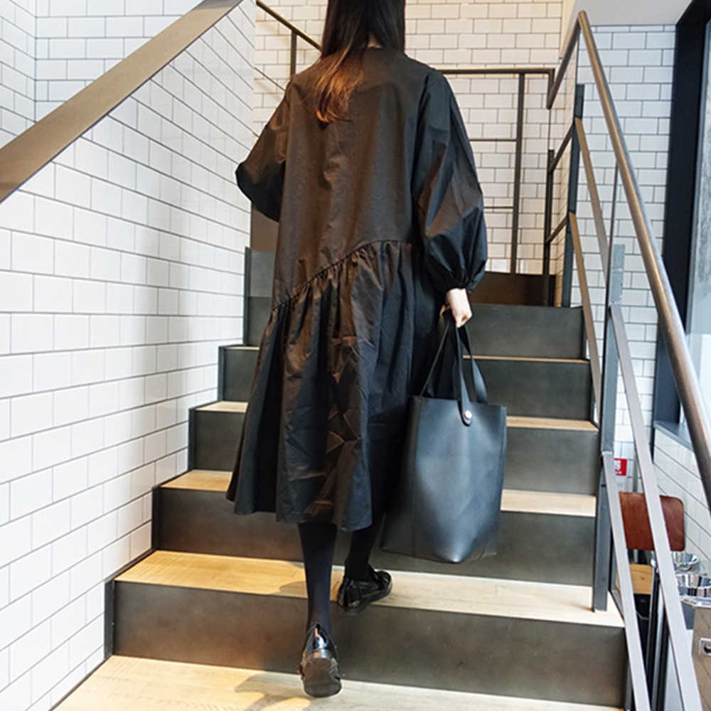 Fall Solid Slim Loose Irregular Plus Size O Neck Dresses Women Casual Pleated Elegant Retro Women's Dress 210615Z