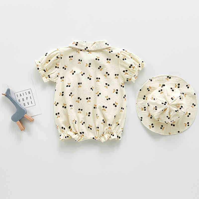 Boys Girls Rompers Korean Style Baby Clothing Set Cherry 2 pieces Bodysuits Single Breast Shirt and Hat 210429