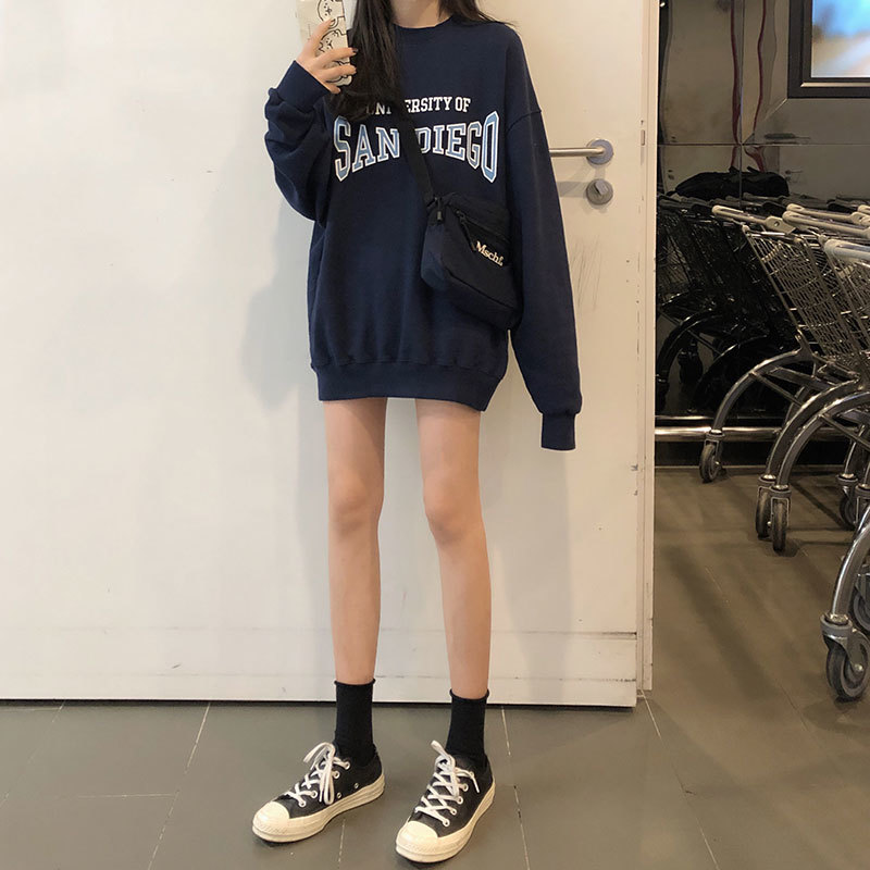 2 colors autumn and winter korean style print o neck loose pullovers womens thick warm sweatshirts womens (X1650) 210423