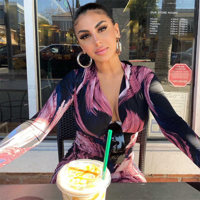 Colysmo Colorful Print Autumn Party Dress Deep V Neck Long Sleeve Sexy Women Sashes Bodycon es Nightclub Slim Clothes 210527