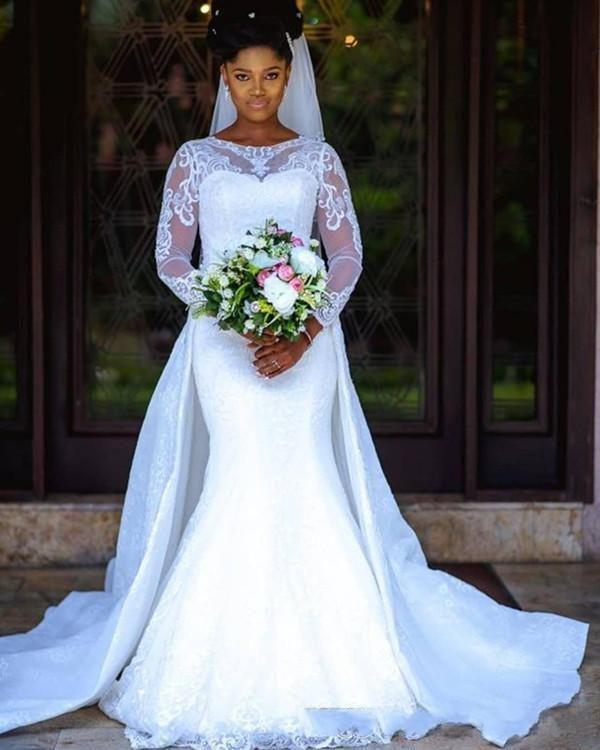 Mermaid Wedding Dresses Bridal Gown With Overskirt Long Sleeves Scoop Neck Tulle Lace Applique Beaded Custom Made Plus Size African Dubai Vestidos 666