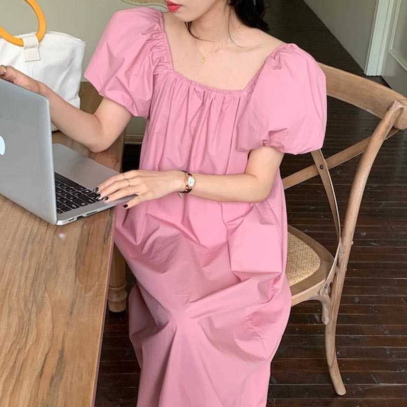 Korejpaa Women Dress Summer Korean Chic Square Neck Open Back Pleated Loose and Versatile Bubble Sleeve Dress Long Vestido 210526