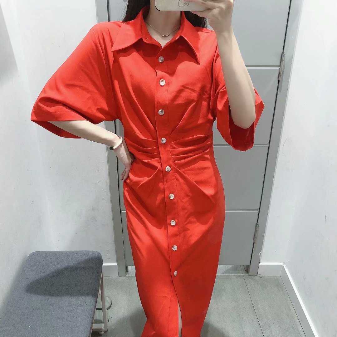 Summer Dress Women Short Sleeves elegant Casual Fashion Chic Lady Woman Draped Midi Shirt Dress y2k 210709