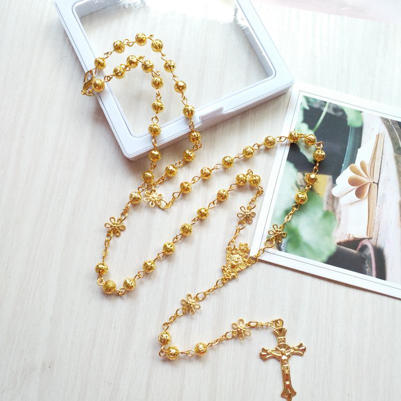 Pendant Necklaces Religious Gold Rosary Necklace Flower Hollow Prayer Beads Chain Catholic Crucifix Cross Church Baptism Jewelry Hangings