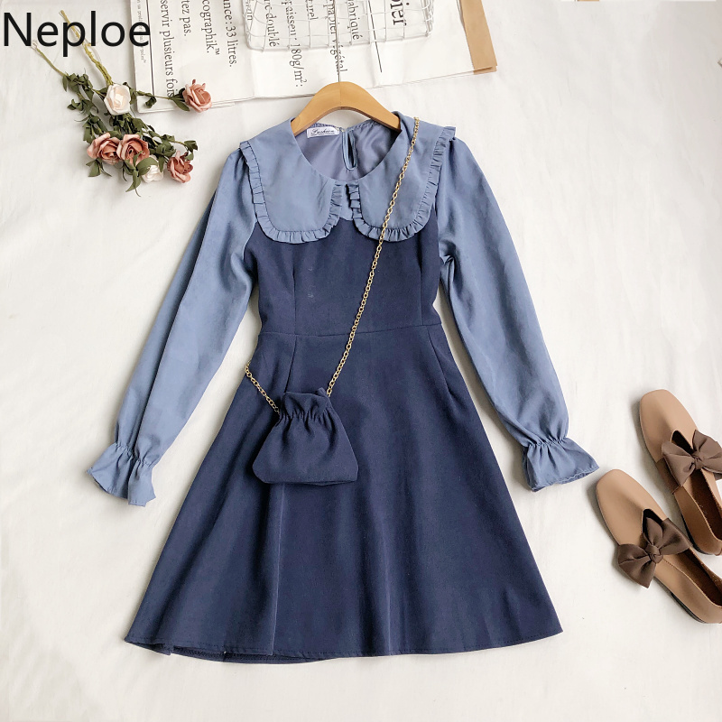 Neploe Women's Dress Contrast Color Patchwork Vestidos Autumn Korean Turn Down Collar Slim Chain Belt Bag All-match Dresses 210422