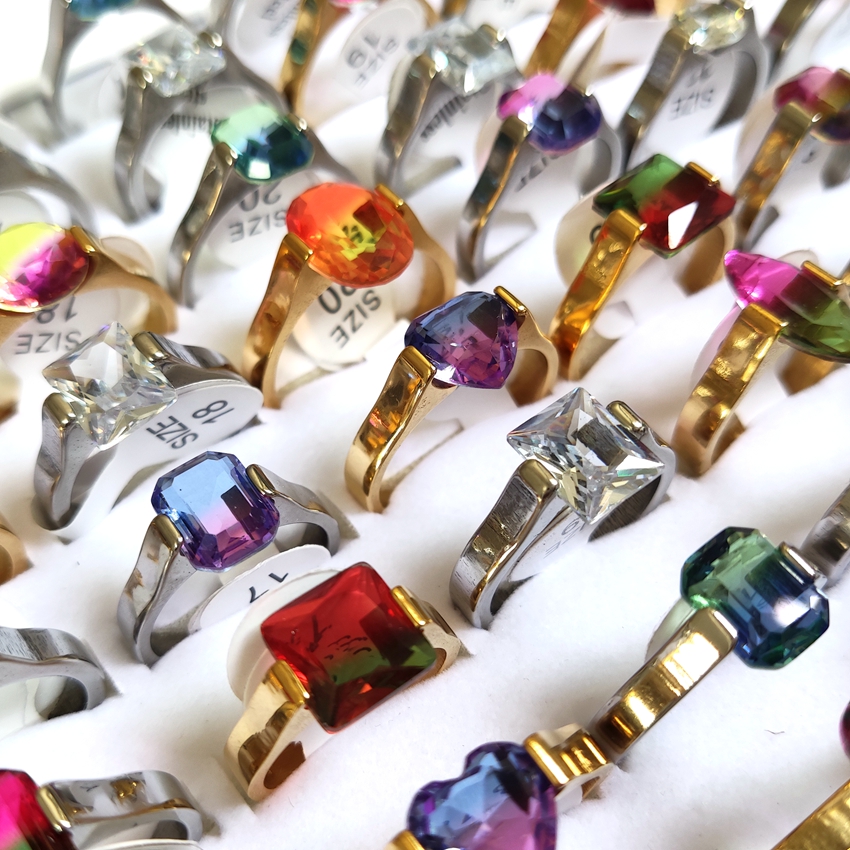 30pcs/lot Assorted Color Stone Ring Women Gold Silver Stainless Steel Clear Crystal Charm Rings Girls Accessories Wholesale Wedding Engagement Jewelry