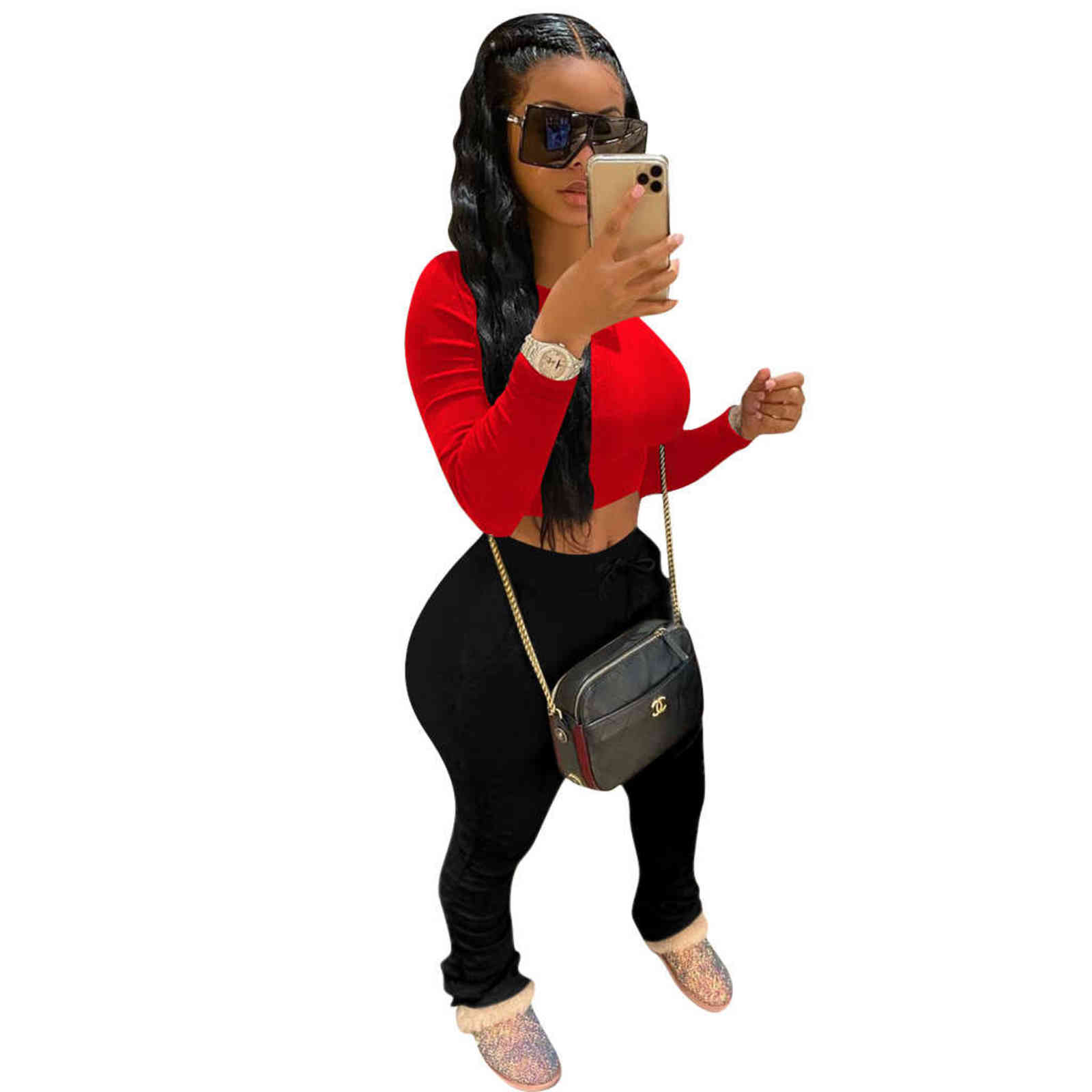 S-4XL Women Elastic Stacked Pants Leggings High Waist Flare Bell Bottom Ruched Stack Trousers Draped Jogger Sweatpants 211115