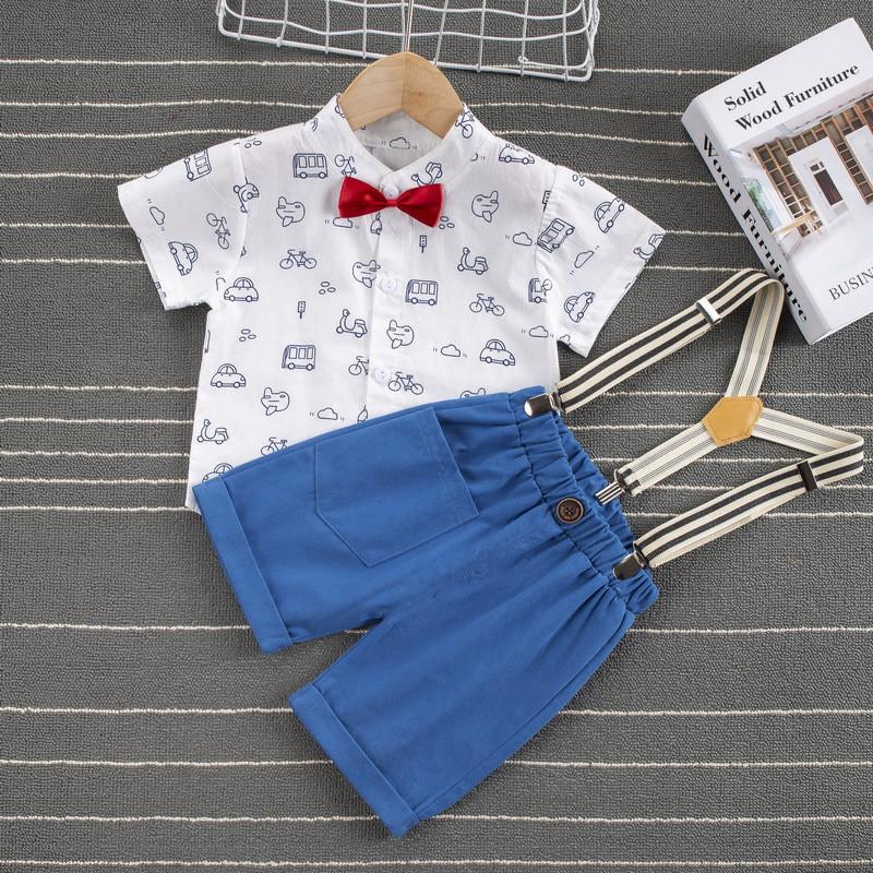 Clothing Sets Summer Little Boys Shirt Shorts Set Toddlers Car Printing Short Sleeve Stand Collar Bow Tie Top + Suspender Trousers